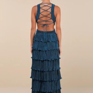 VESTIDO VERDE PETROLEO ESPALDA CRUZADA CAPAS TALLE G