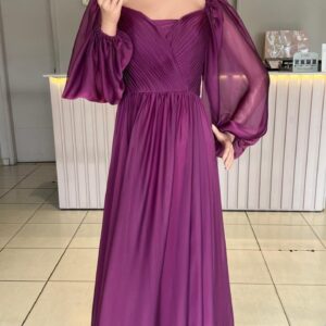 VESTIDO MAGENTA CORTE PRINCESA MANGAS ABULLONADAS TALLE P
