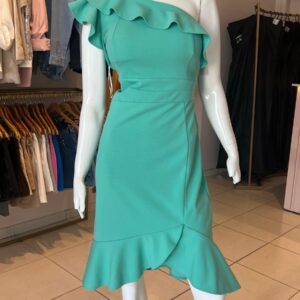VESTIDO VERDE AGUA UN HOMBRO MIDI TALLE P