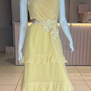 VESTIDO AMARILLO UN HOMBRO FLOR 3D TALLE M