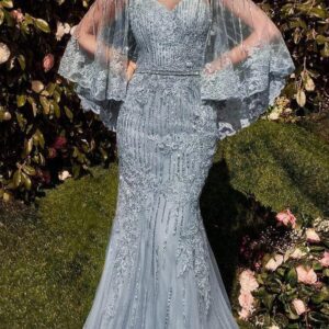 VESTIDO CELESTE BRILLO MANGA ATRAS CAPITA TALLE XG