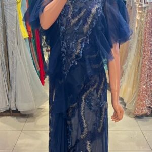 VESTIDO AZUL BORDADO TUL TALLE G