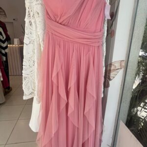 VESTIDO ROSA UN HOMBRO CAPITAS TUL TALLE XP