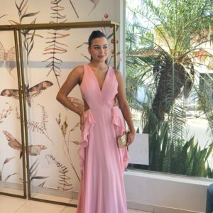 VESTIDO ROSA PLIZADO EN PECHO VOLADO TALLE M