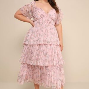 VESTIDO MIDI ROSA ESTAMPADO CAPAS CON MANGAS TALLE XG