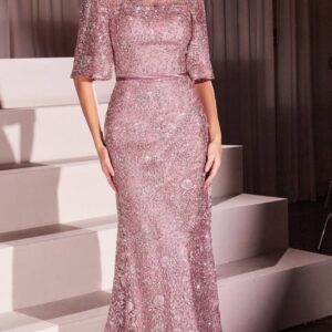 VESTIDO ROSA BRILLOSO CON MANGAS 3/4 TALLE XG