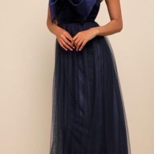 VESTIDO AZUL TUL ESTRAPLES MOÑO TALLE M