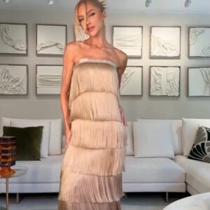 VESTIDO DORADO FLECOS MIDI TALLE P