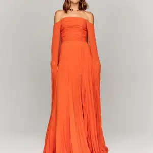 VESTIDO NARANJA PLIZADO MANGAS CAPAS TALLE G