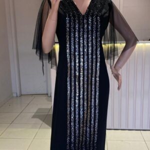 ALQUILER VESTIDO TUNICA NEGRO LENTEJUELAS EN MEDIO TALLE G