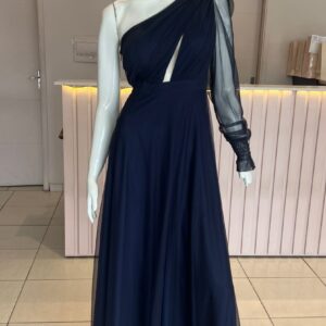 ALQUILER VESTIDO AZUL MARINO TUL UN HOMBRO MANGA LARGA TALLE P