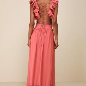 ALQUILER VESTIDO CORAL VOLADOS EN HOMBRO ESPALDA CRUZADA TALLE M
