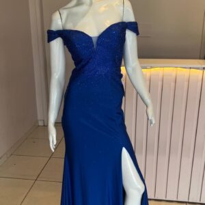 ALQUILER VESTIDO AZUL MANGAS CAIDAS STRAS TALLE M