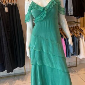 ALQUILER VESTIDO MIDI VERDE VOLADOS TALLE P
