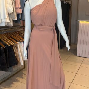 ALQUILER VESTIDO BEIGE PLIZADO UN HOMBRO TALLE G