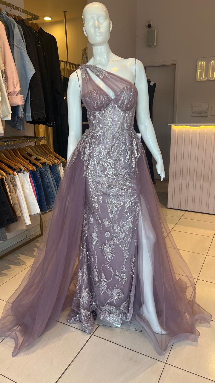 ALQUILER VESTIDO LILA UN HOMBRO BRILLO TALLE P