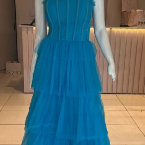 ALQUILER VESTIDO TURQUESA ESTRAPLES CAPAS TUL TALLE G