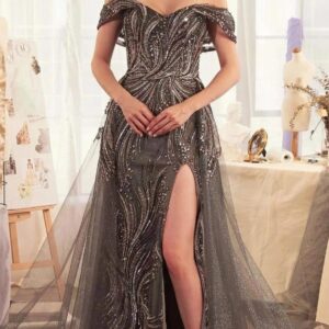 ALQUILER VESTIDO GRIS BORDADO MANGAS CAIDAS TALLE P