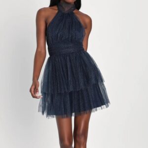 ALQUILER VESTIDO AZUL BRILLO CUELLO HALTER CORTO TALLE P