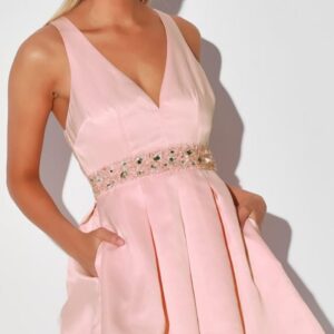 ALQUILER VESTIDO ROSA CINTO LENTEJUELAS CORTO TALLE P