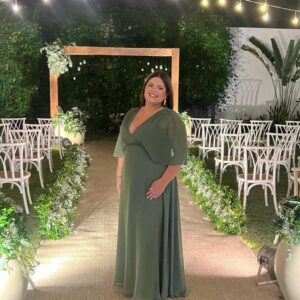 ALQUILER VESTIDO VERDE MUSGO MANGA PLIZADA TALLE G
