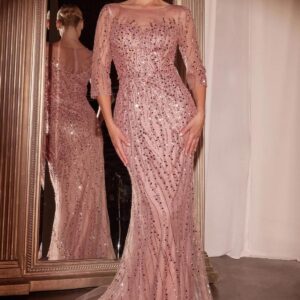 ALQUILER VESTIDO ROSA LENTEJUELAS MANGAS 3/4 TALLE G