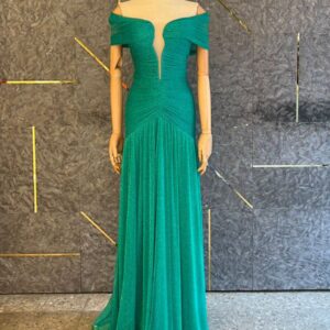 ALQUILER VESTIDO VERDE MANGA CAIDA BRILLO TALLE M