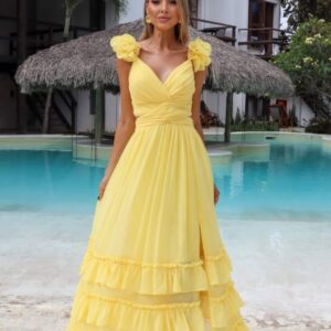 ALQUILER VESTIDO MIDI AMARILLO CAPAS TALLE P