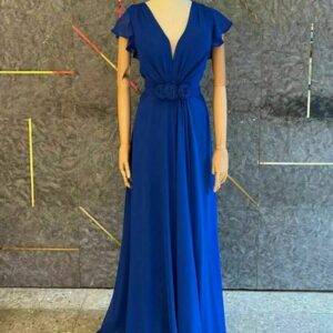 ALQUILER VESTIDO AZUL FRANCIA VOLADOS EN HOMBRO TALLE M