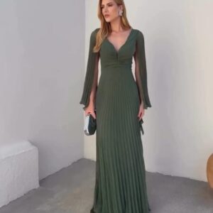 ALQUILER VESTIDO VERDE MUSGO MANGAS CAPAS PLIZADAS TALLE G