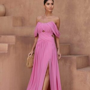 ALQUILER VESTIDO ROSA CUELLO BOTE COSTADO ABIERTO TALLE P