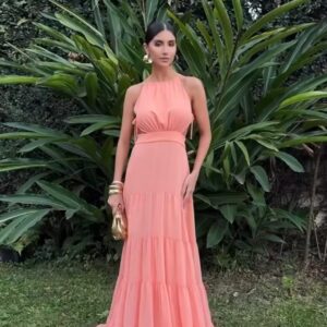 ALQUILER VESTIDO SALMON ALDEANA CUELLO HALTER TALLE M