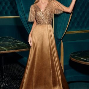 ALQUILER VESTIDO DORADO BORDADO EN PECHO TALLE G
