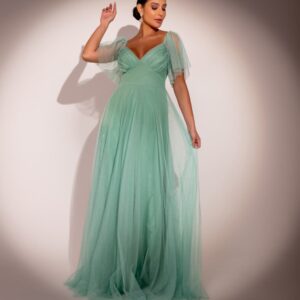 ALQUILER VESTIDO VERDE MENTA TUL BRILLOSO TALLE G