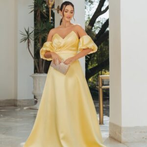 ALQUILER VESTIDO AMARILLO ESTRAPLES MANGA GLOBO TALLE P
