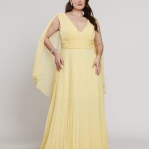 ALQUILER VESTIDO AMARILLO PLIZADO MANGA CAPAS TALLE XG