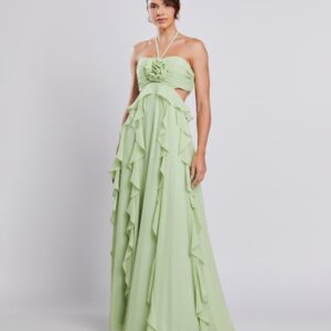 ALQUILER VESTIDO VERDE LIMON VOLADOS TIRAS AL CUELLO TALLE P