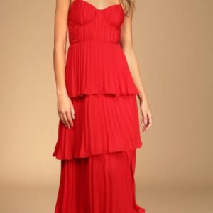 ALQUILER VESTIDO MIDI TIRAS ROJO PLIZADO TALLE M