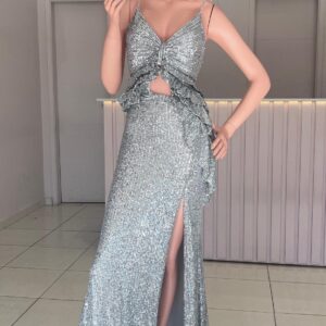 ALQUILER VESTIDO PLATEADO LENTEJUELAS DOS PIEZAS ESPALDA CRUZADA TALLE M