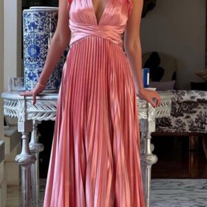 ALQUILER VESTIDO ROSA PLIZADO ESPALDA CRUZADA TALLE G