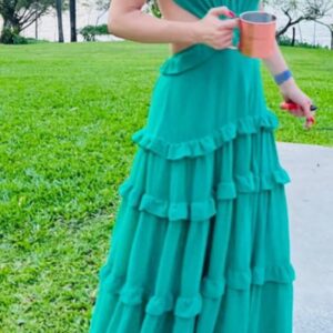 ALQUILER VESTIDO VERDE HOJA ESPALDA CRUZADA TALLE G