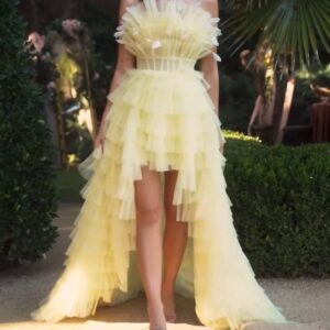 ALQUILER MIDI TUL STRAPLES PLUMAS TALLE P