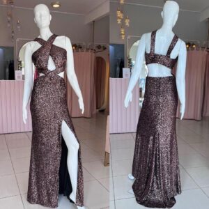 ALQUILER VESTIDO NEGRO LENTEJUELAS DORADO CUELLO CRUZADO TALLE P