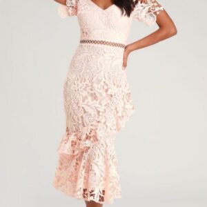 ALQUILER VESTIDO MIDI ROSA ENCAJE TALLE P