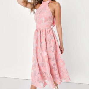 ALQUILER VESTIDO MIDI ROSA CUELLO HALTER TALLE M
