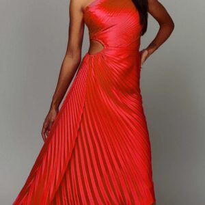 ALQUILER VESTIDO MIDI ROJO FUCSIA PLIZADO TALLE G
