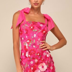 ALQUILER VESTIDO ROSA CORTO FLORES 3D TALLE P