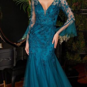 ALQUILER VESTIDO VERDE PETROLEO MANGAS LARGAS TALLE XG