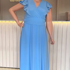 ALQUILER VESTIDO CELESTE HOMBRO VOLADOS TALLE XG