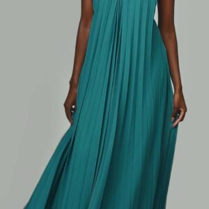 ALQUILER VESTIDO VERDE PETROLEO PLIZATO CUELLO HALTER TALLE M